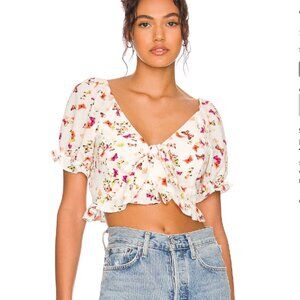 BCBG Generation Butterfly Print Crop Top - L - Puff Sleeve, Ruched Detail